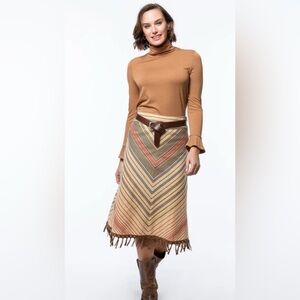 Tyler Boe Chevron Patterned Midi Skirt with Fringe in Tan Brown Rust